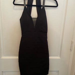 Women’s black halter cocktail dress with silver beading size 0